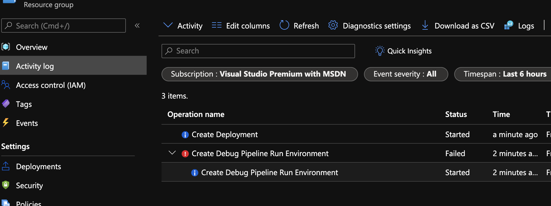 Error debugging pipeline